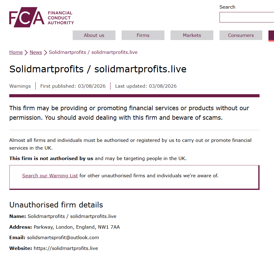 Solidmartprofits FCA Warning